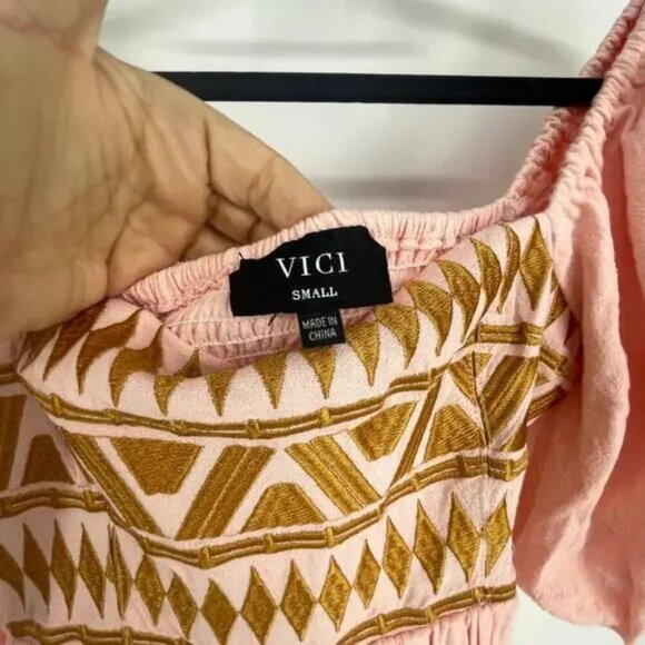 Vici Mini Dress Pink S Emmy Embroidered Puff Sleeve NWOT - Picture 4 of 6